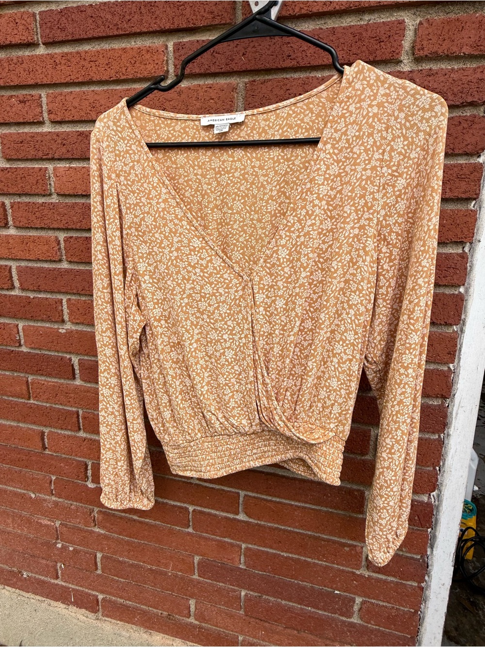 American Eagle Outfitters Mustard Floral Faux-Wrap Long Sleeve Top